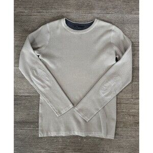 Vince Women’s Cotton Waffle Knit Thermal Long Sleeve Top XL Beige Elbow Patch